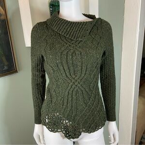 Moth Cabled Pathways Cable Knit Wool Green Cowl Neck Sweater Small Anthropologie